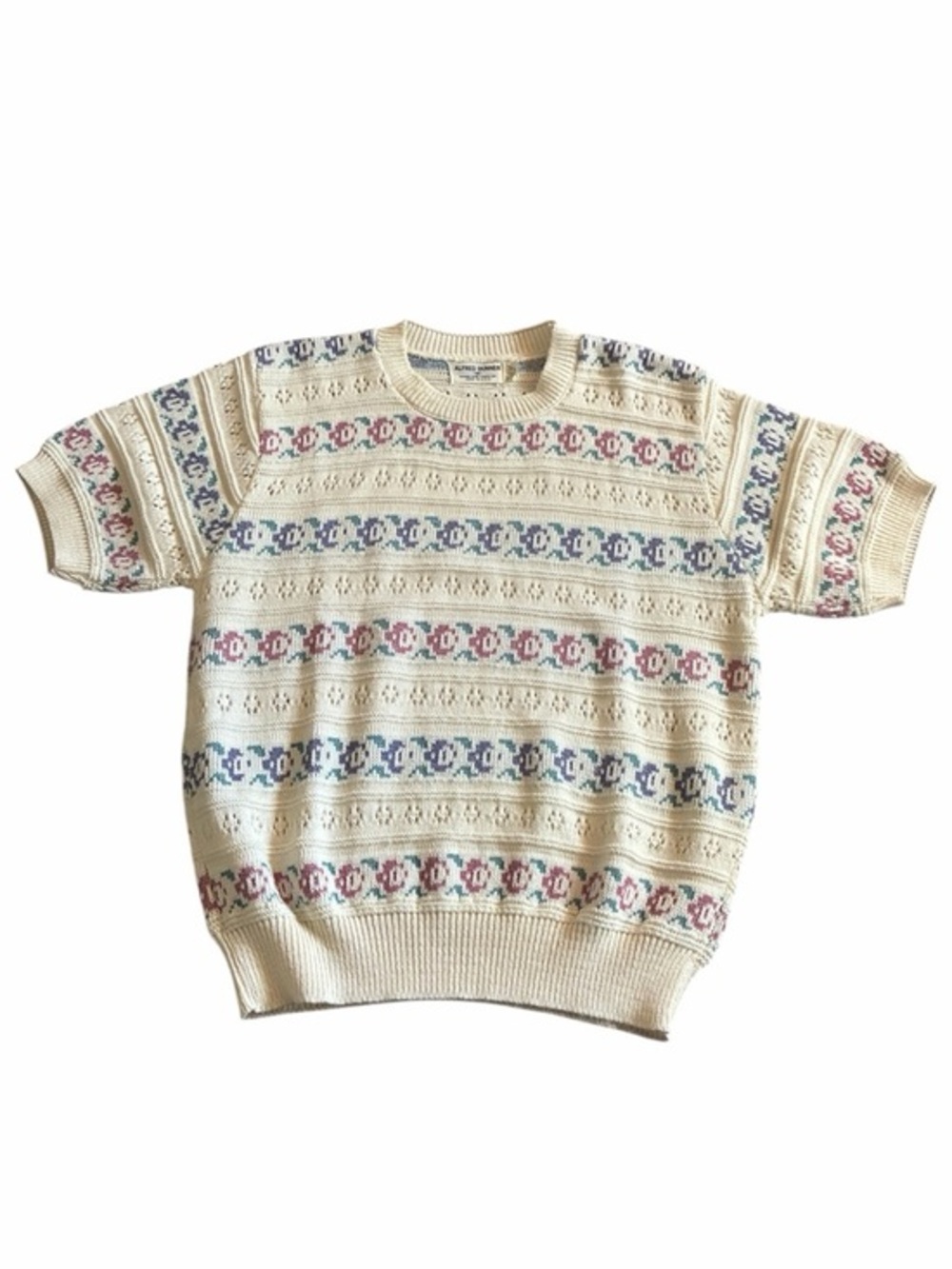 Vintage Alfred Dunner Sweater Short Sleeve Floral Knit Cottagecore USA M